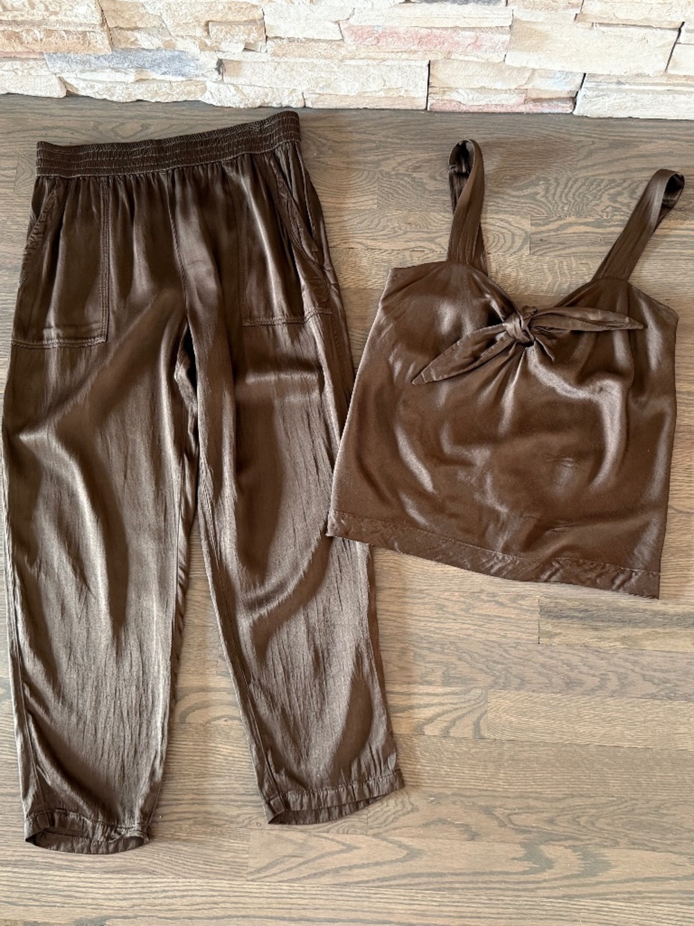 Raquel Allegra Brown Silk Tie Tank and Pants Size 2 M